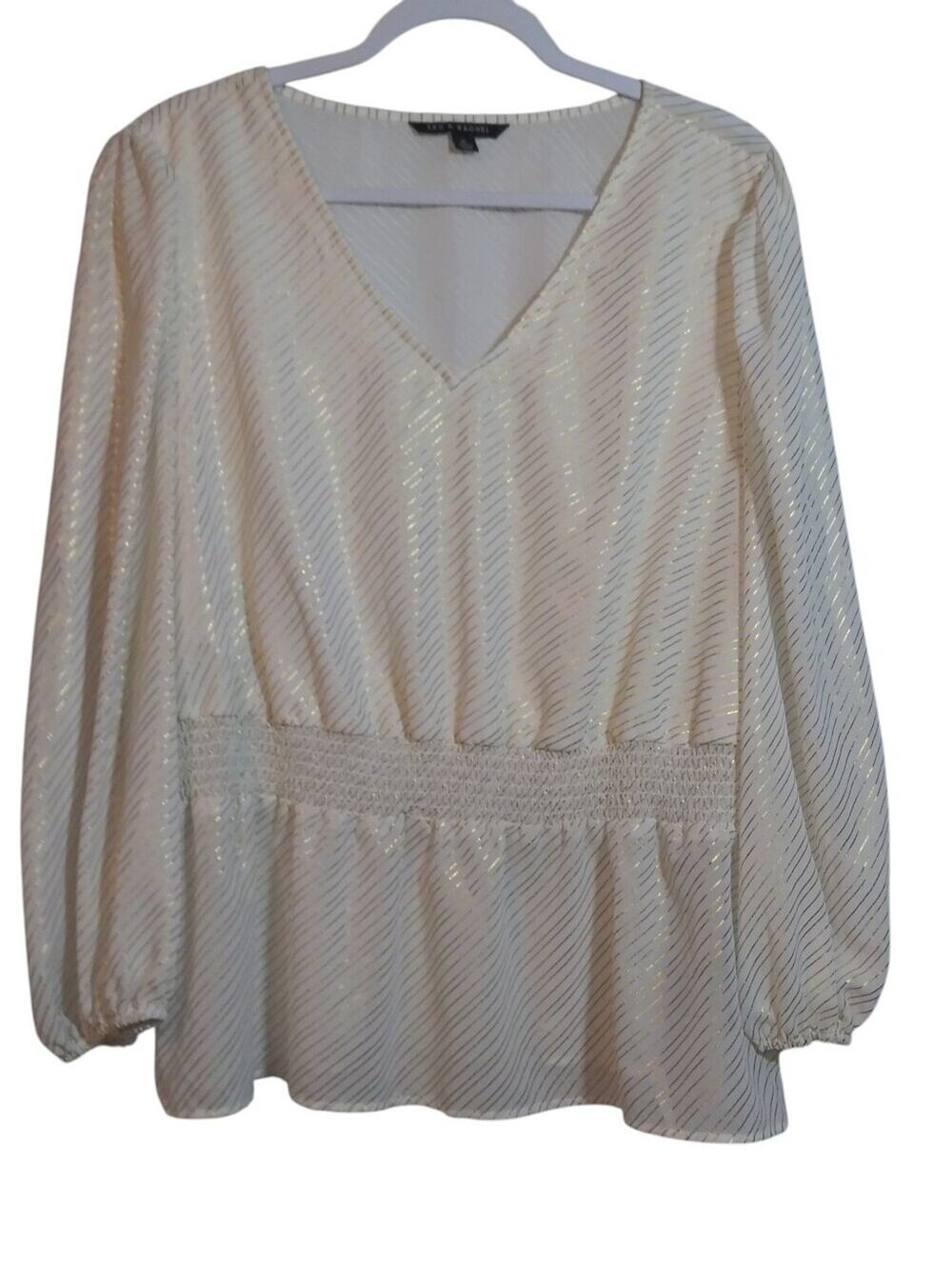 Zac & Rachel Metallic Ivory V-Neck Long Sleeve Peplum Top Size XL